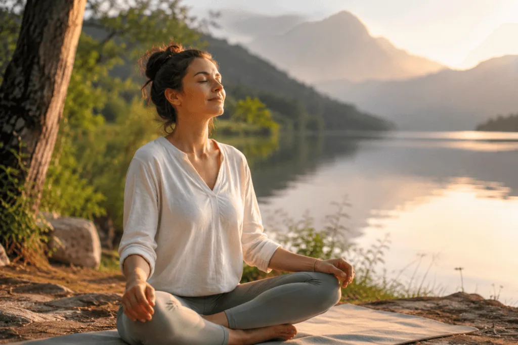 Woman practising mindful breathing naturally during peaceful outdoor meditation
