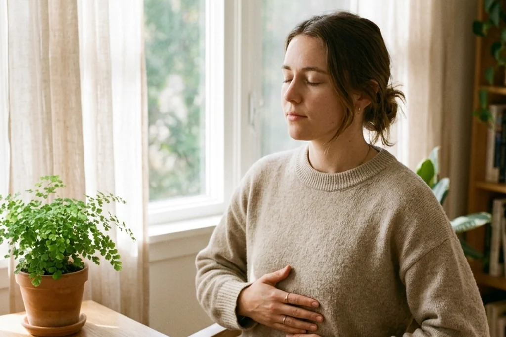 Clean wooden desk by a sunlit window with a closed silver laptop, steaming ceramic matcha mug, potted fern, and calm hands resting on lower ribs.