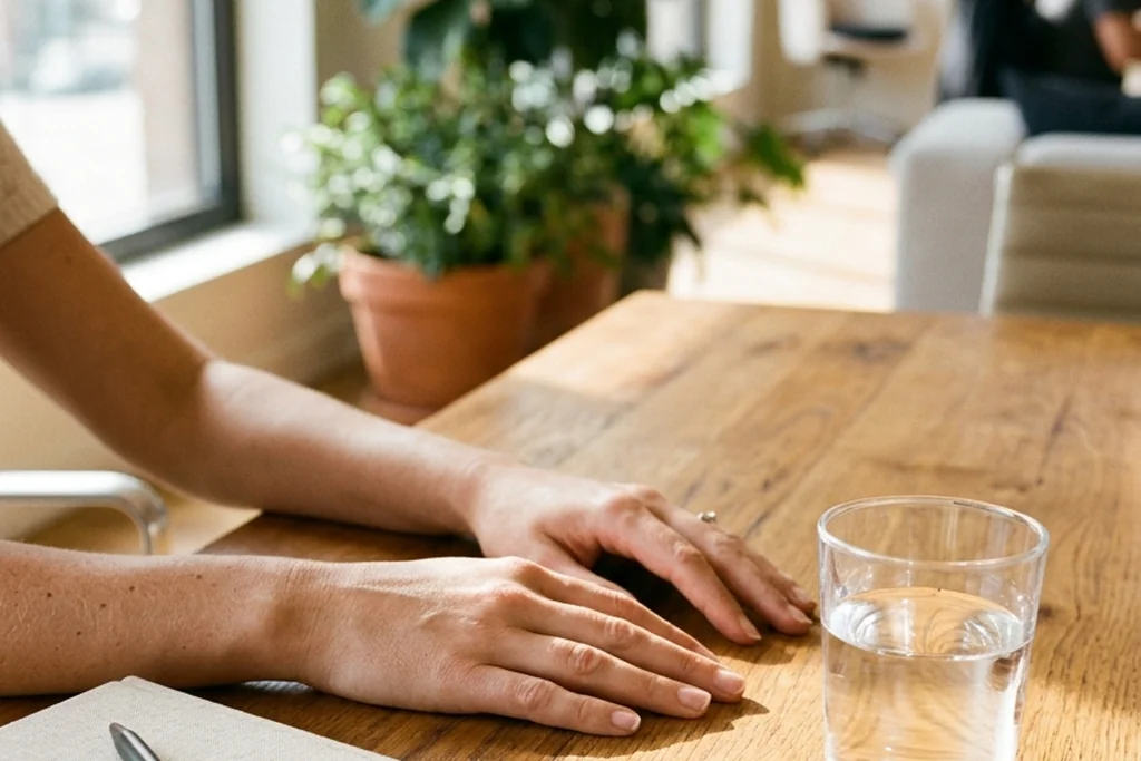 Bright 35mm close-up of calm hands resting on a warm oak conference table beside a glass of water refracting morning sunlight.
