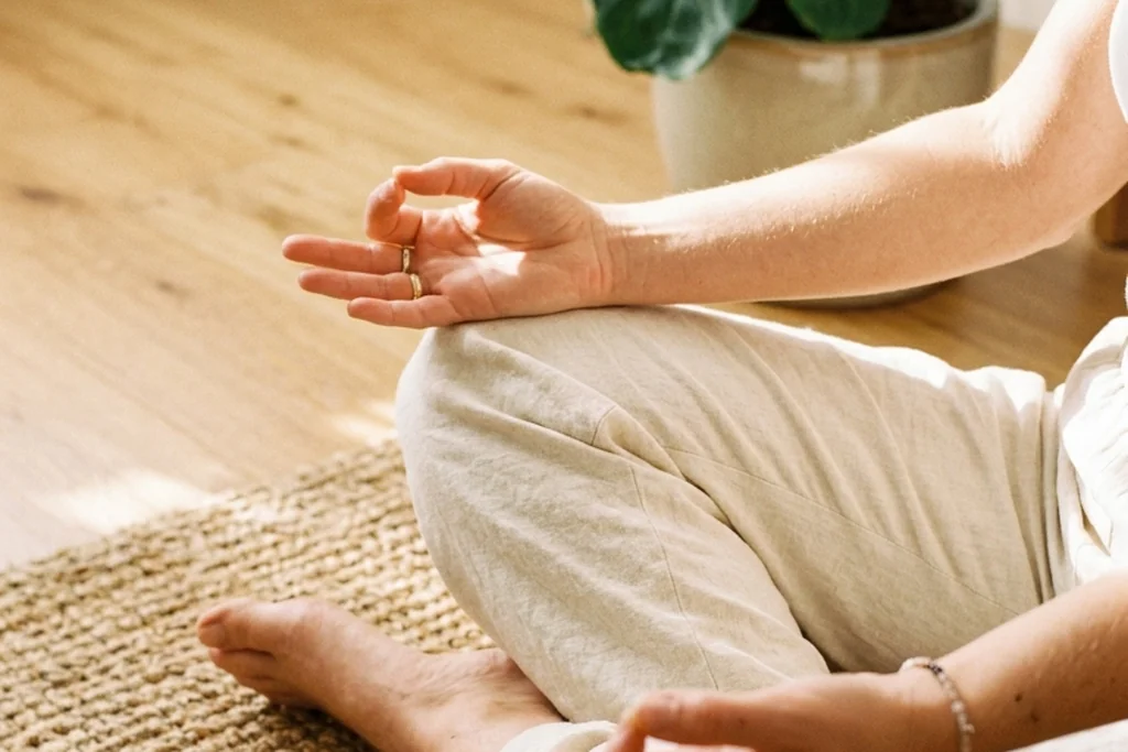 Close-up of a person sitting cross-legged on a woven jute rug in morning sunlight practicing tactile thumb-to-finger anchoring.