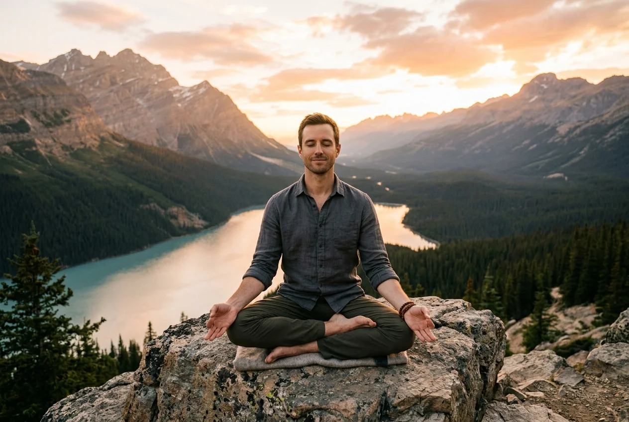 A person sitting in stillness outdoors with a wide calm view ahead of them