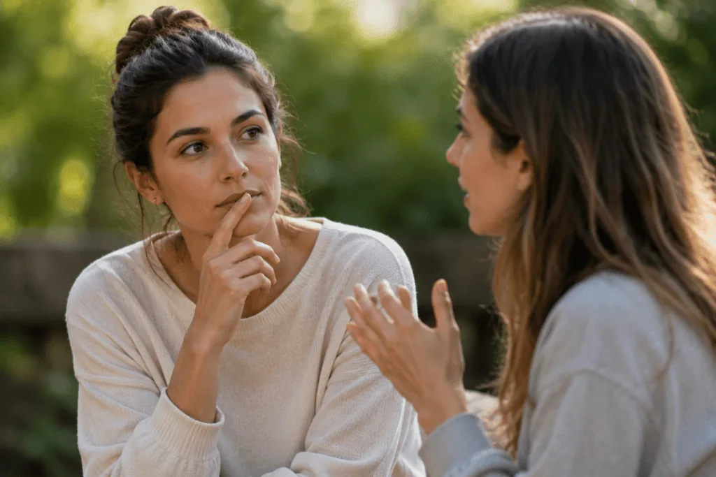 Woman pausing before speaking, representing mindful communication over gossip