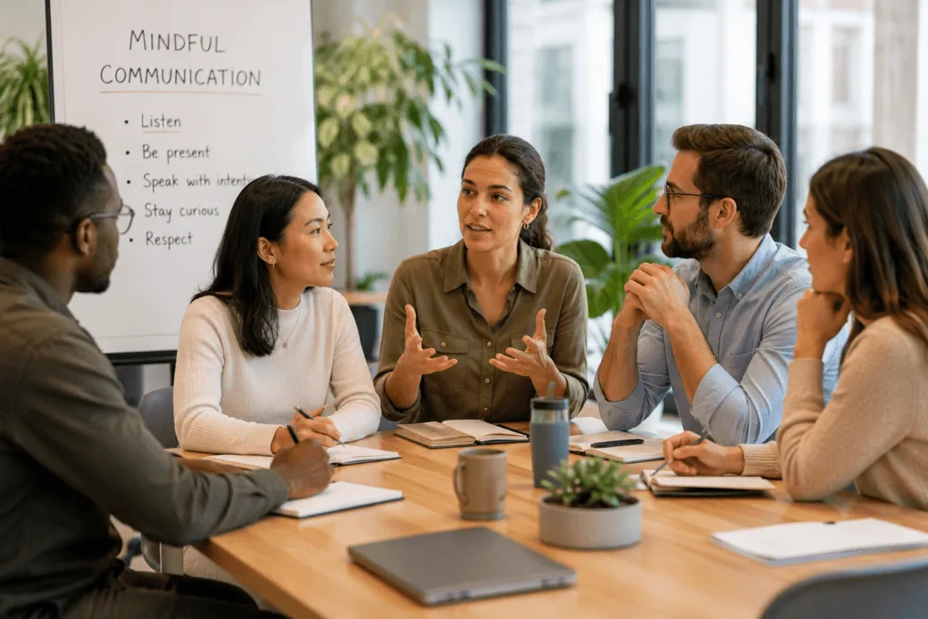 Group of colleagues engaged in mindful communication during a team meeting