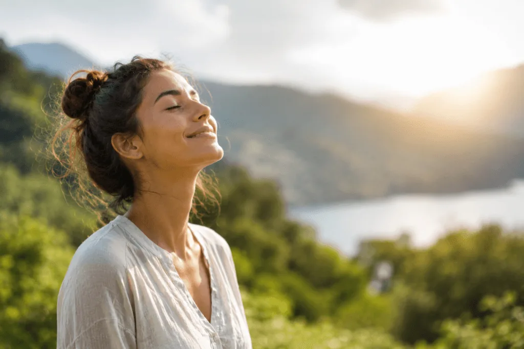Calm woman smiling after breathing exercise, living life to the fullest through mindfulness