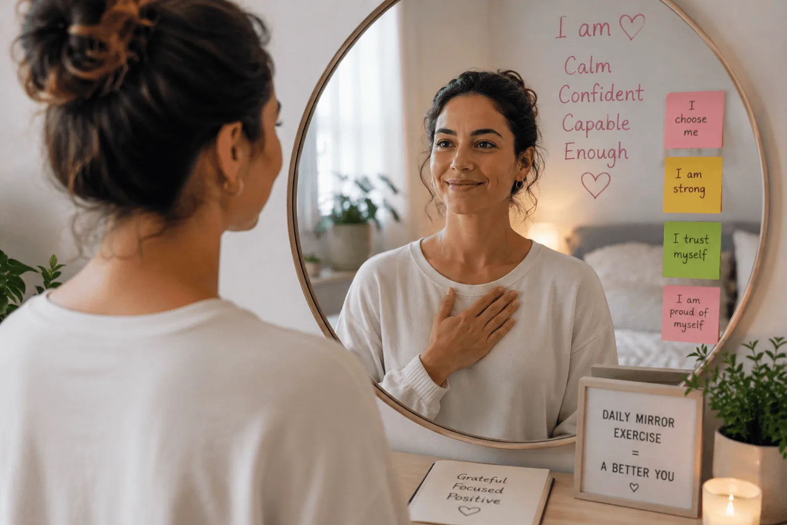 person doing daily mirror exercise to reduce anxiety and build confidence