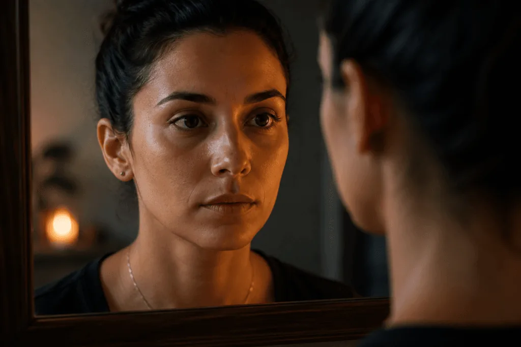 Alt Text:
Woman using mirror gazing for emotional awareness and self-compassion