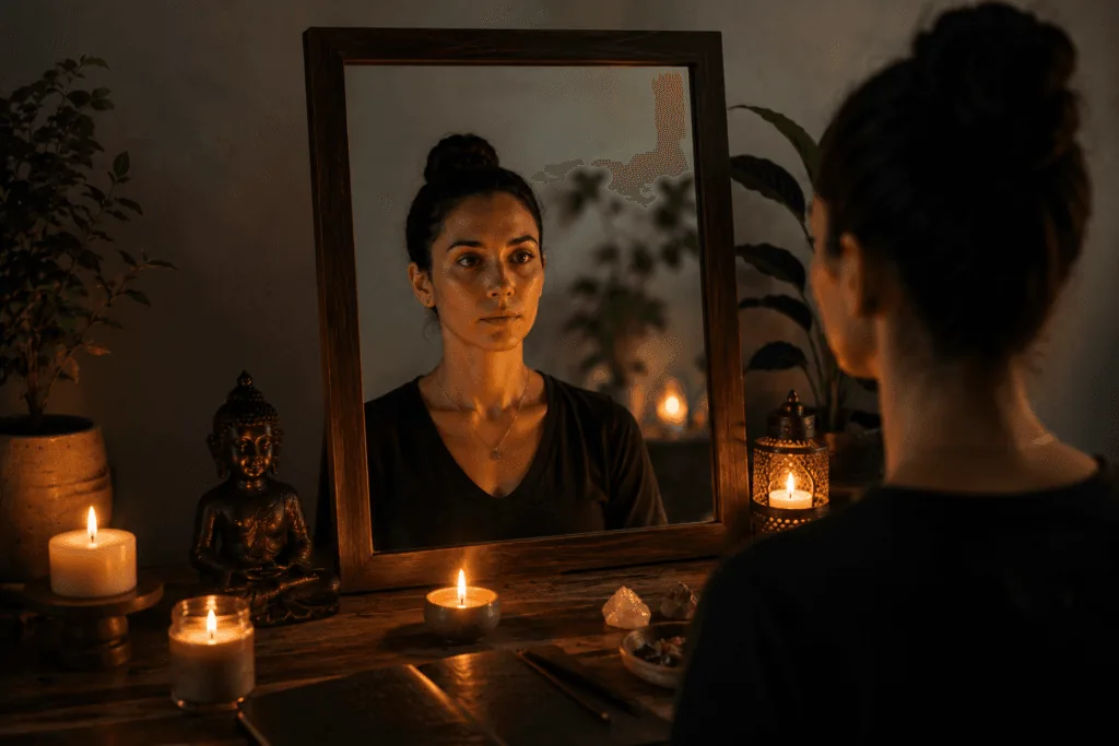 Alt Text:
Mirror gazing setup with candle lighting for mindfulness practice