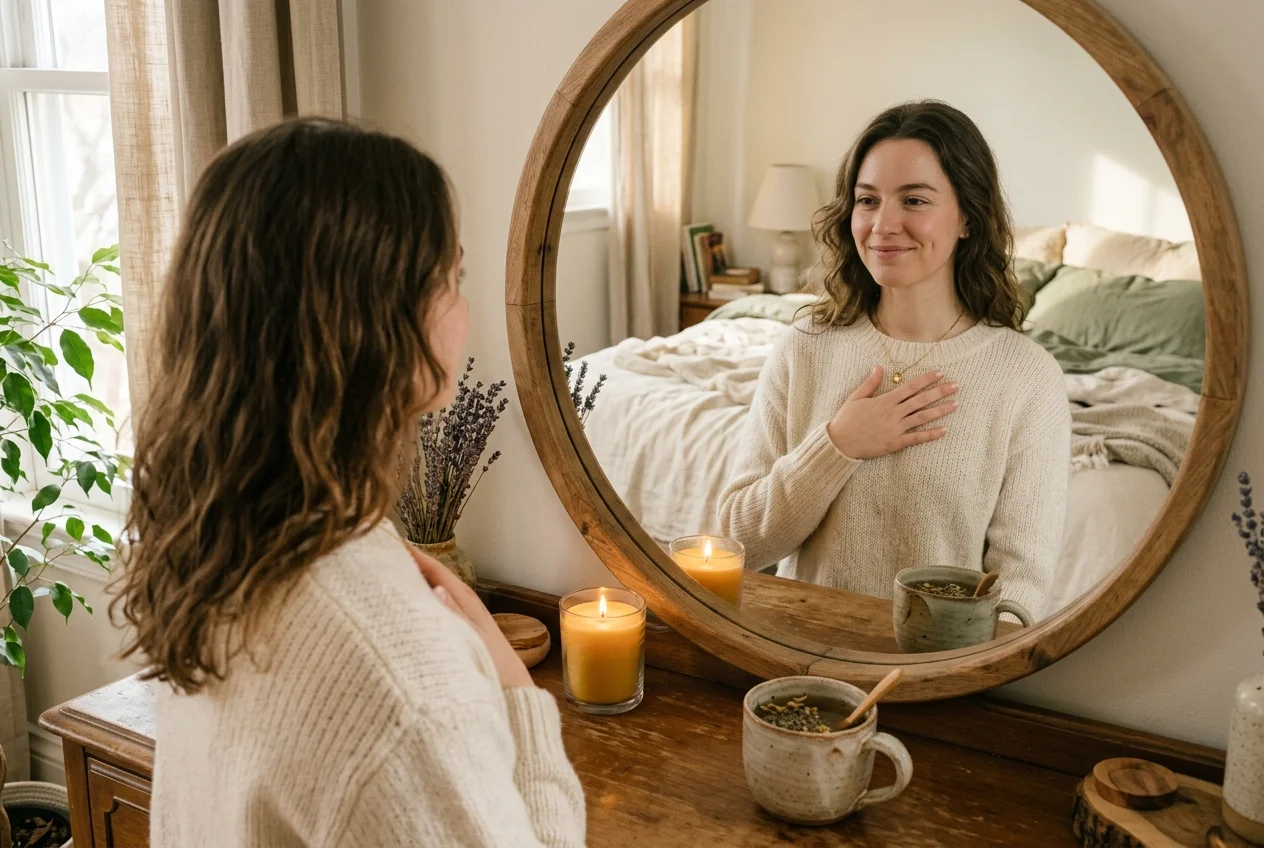 Alt Text:
Woman using mirror gazing for emotional awareness and self-compassion
