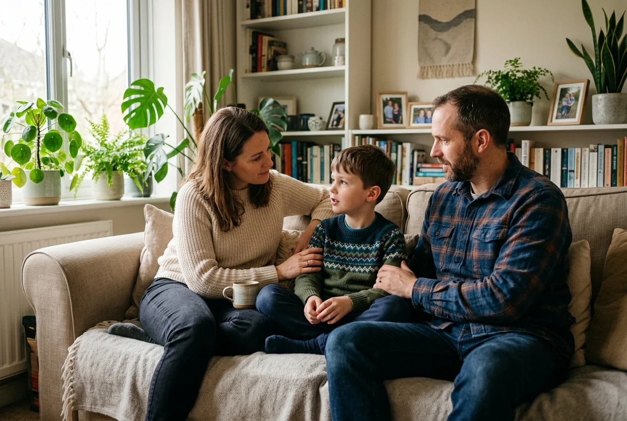 Family in calm conversation showing healthy conflict resolution for children