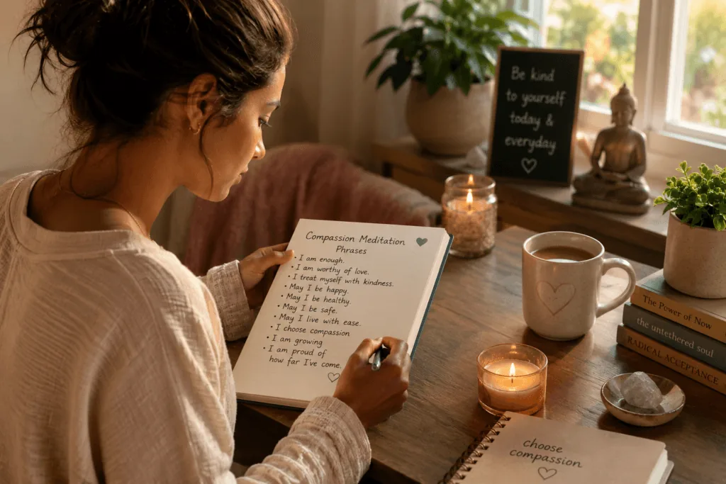 Person journaling compassion meditation phrases during morning practice