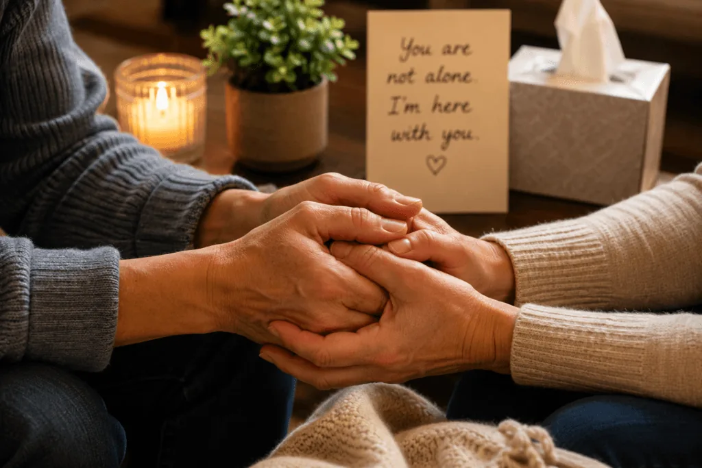 Hands held in comfort representing phrases of compassion in grief support