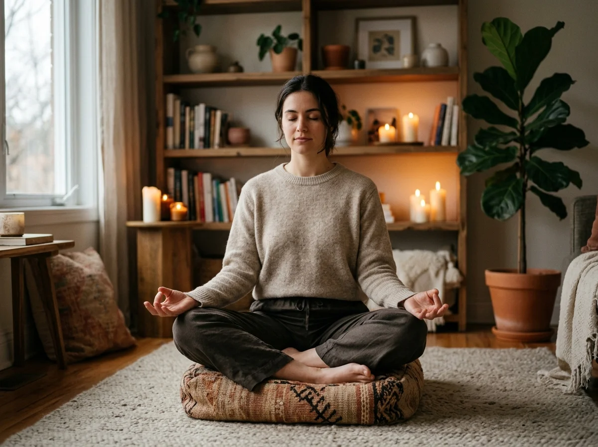 Woman in meditation posture silently reciting compassion meditation phrases