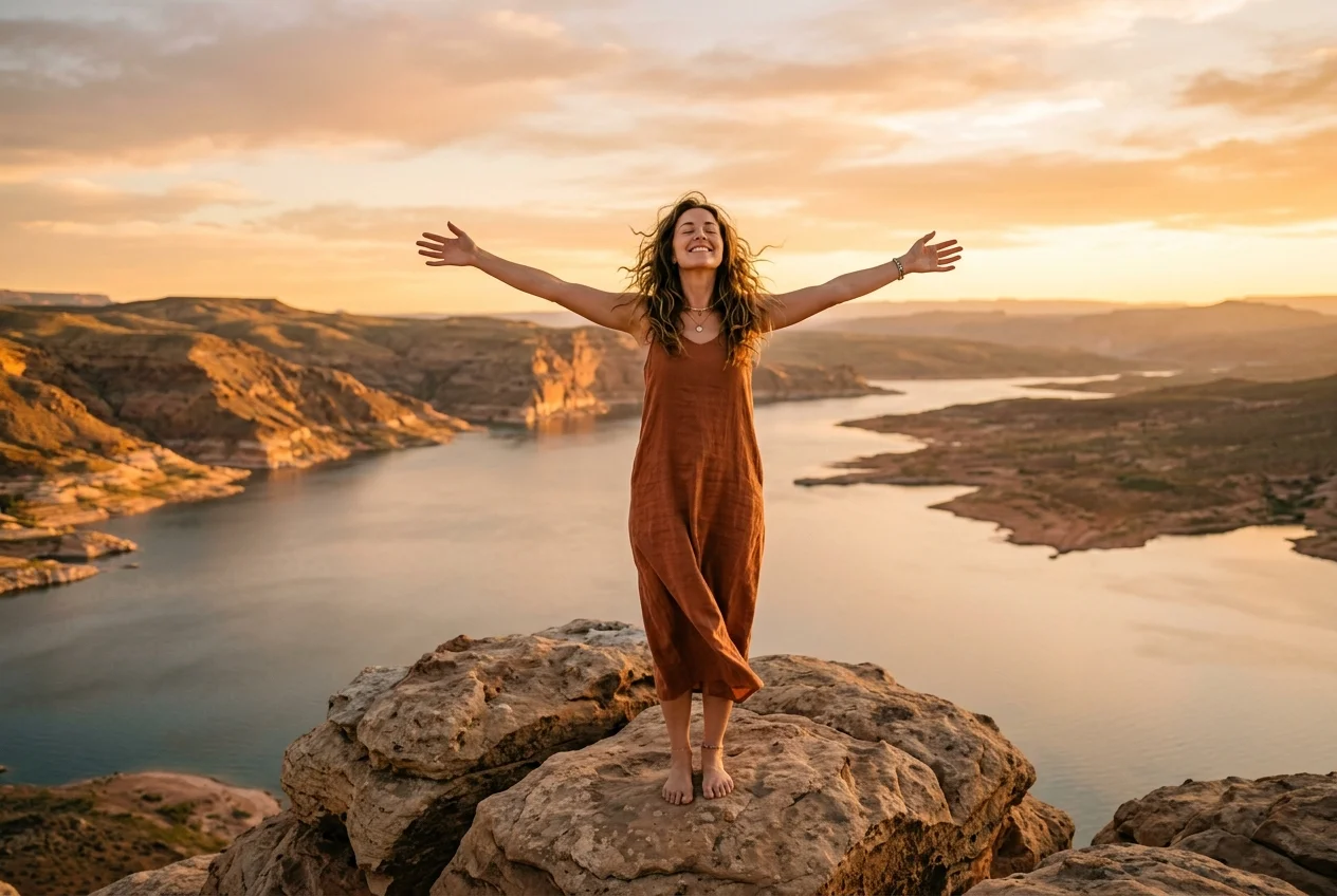 A person standing outdoors with arms open wide, releasing physical tension