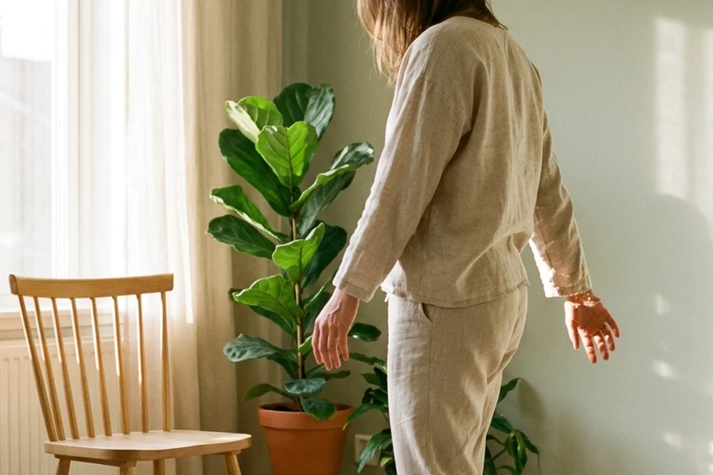 A person standing barefoot on a sunlit cream wool rug gently shaking their hands and shoulders loose to release nervous system tension.