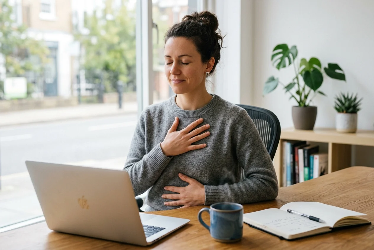 Woman pausing at desk using the STOP method to manage workplace stress