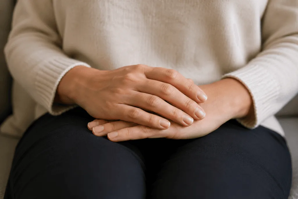 Close-up of hands resting calmly representing the STOP method in practice