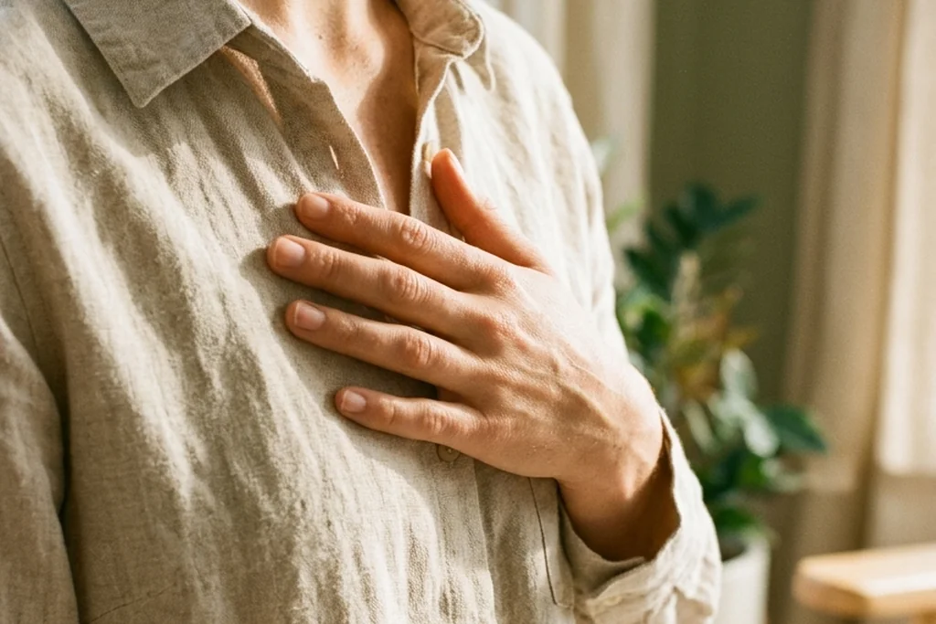 Sunlit 35mm close-up of a person in an oatmeal linen shirt gently resting a hand over their collarbone and upper chest.