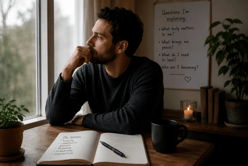 Man looking thoughtfully out a window while reflecting on his values and inner emotional world