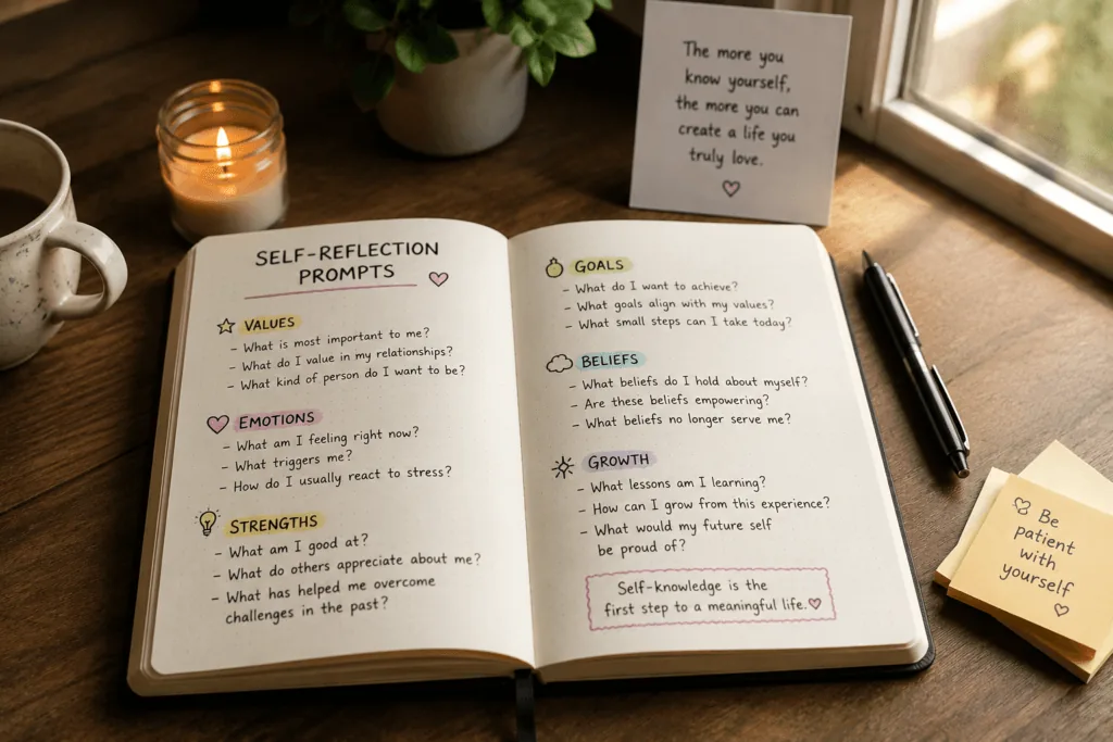 Open notebook with self-reflection prompts representing practical tools for building self-knowledge