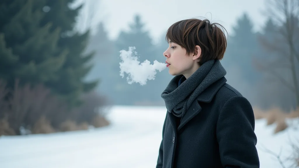 A person outdoors in cold air, breathing out slowly, breath visible