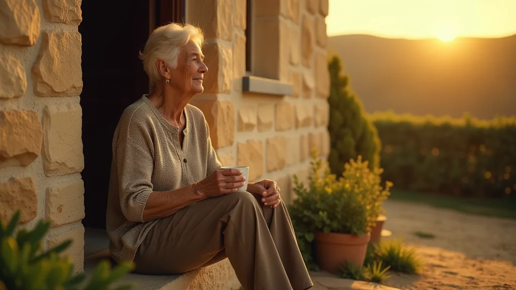 A person sitting on a doorstep at sunrise holding a mug