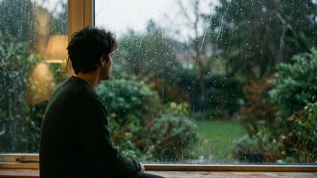 A person seen from behind looking out of a rain-streaked window