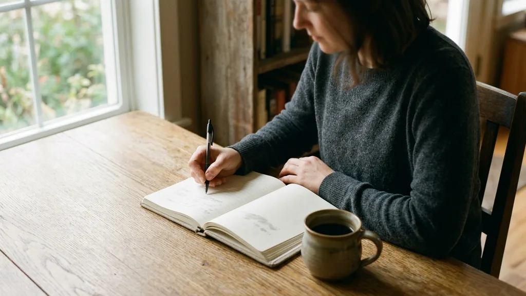 A person writing by hand in an open notebook at a wooden table