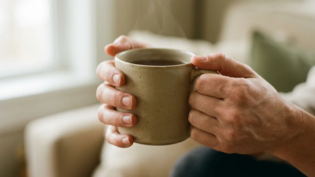 Both hands wrapped around a warm mug beside an open notebook on a wooden table