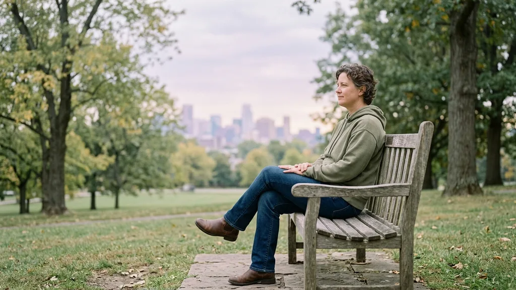 A person sitting alone on a park bench with a soft city skyline behind