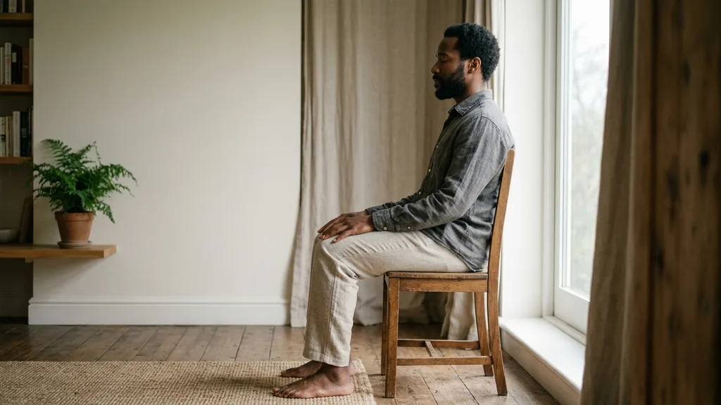 A person sitting on a wooden chair with both feet flat on the floor in a quiet room