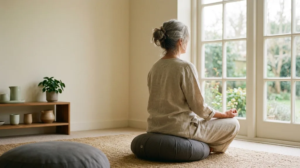 A person sitting cross-legged on a floor cushion beside a bright window