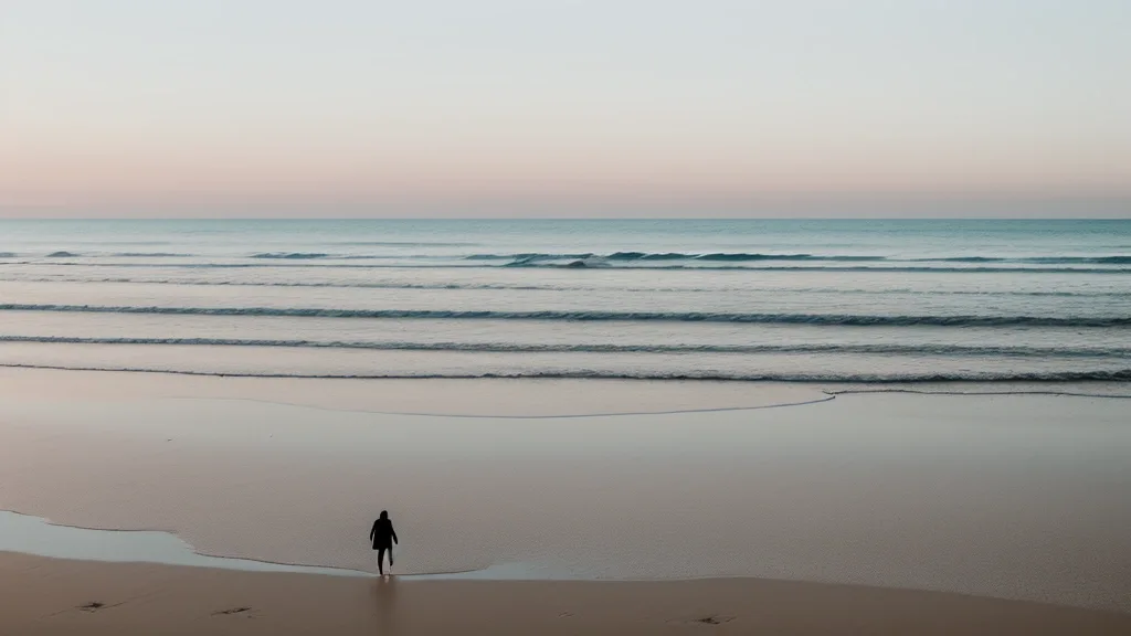 A person walking alone along an empty beach at dawn, footprints trailing behind them